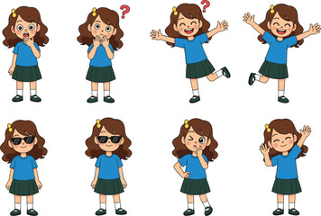 Cute cartoon girl showing various emotions, happy, surprised, confused, wearing sunglasses, smiling, school uniform, character set, isolated, vector

 flat vector illustration