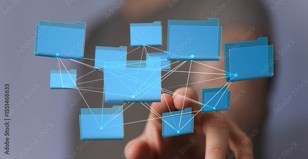 Poster person interacts with a network of digital folders, illustrating data management and organization.