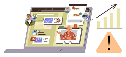 Laptop screen with video call, analytics dashboard, chat bubbles, task icons, growth chart, and warning alert. Ideal for teamwork, communication, business growth remote work project management