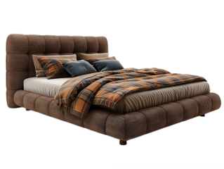 Minimalist upholstered double bed with pillows isolated on transparent background