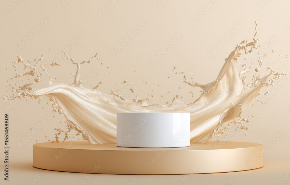 Poster a mockup of cream liquid pouring and splashing around the center, creating an abstract wave shape wi