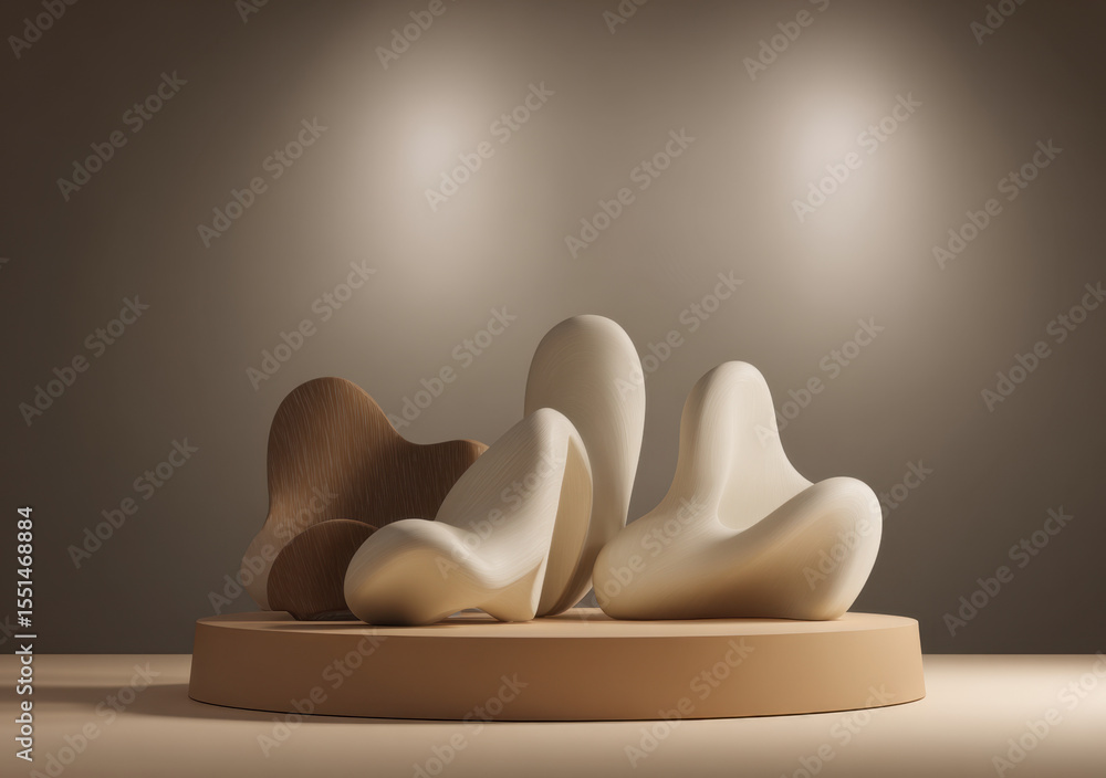 Aufkleber a product display podium made of smooth, matte clay in the shape of abstract organic shapes floating