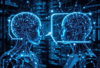 Fototapeta premium Conversación de inteligencia artificial, representada con elegantes y brillantes globos de diálogo sobre un texto de programación informática que se desplaza