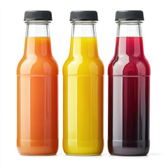 three bottles of natural vegetable or fruit juices