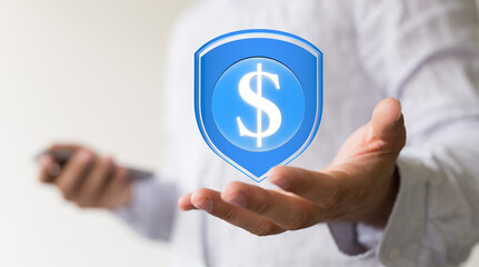Image depicts a hand holding a digital shield with a dollar sign, symbolizing financial security...
