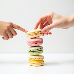 Two hands interacting with a stack of colorful macarons isolated on white background