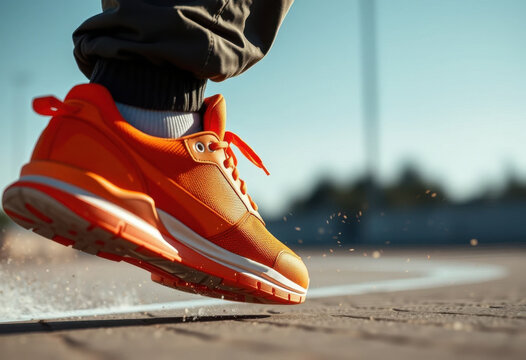 Primer plano de una zapatilla naranja en movimiento, part&iacute;culas volando, concepto de velocidad y rendimiento
