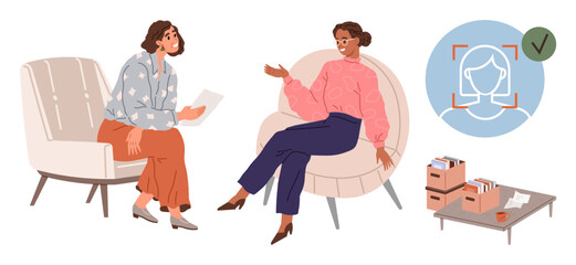 Two women discuss in armchairs, surrounded by file boxes and a digital identity verification graphic. Ideal for counseling, interviews, recruitment, HR, data management, teamwork, simple flat