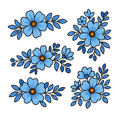 Fototapeta premium Five Unique Blue Floral Arrangements with Orange Centers and Dark Outlines on White