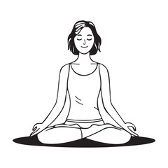 A young man in meditation pose line art on white background