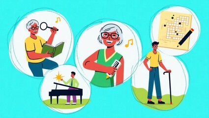Ilustración de actividades que estimulan el cerebro para adultos mayores con íconos alegres de lectura, rompecabezas, música y caminatas