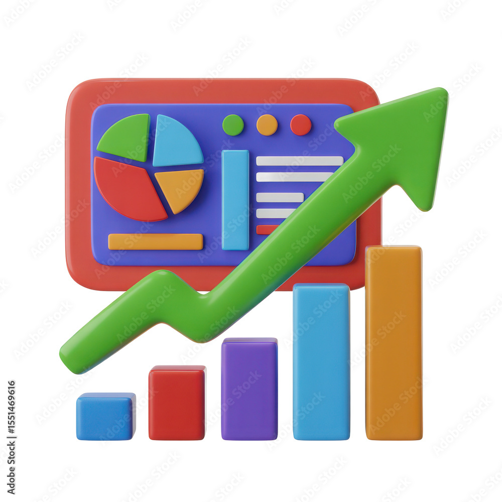 Poster stylized 3d illustration of a financial dashboard with a rising green arrow and bar graph showing po