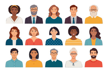 Diverse Portraits Collection: A vibrant collection of diverse faces, showcasing a variety of ages, ethnicities, and hairstyles.  Ideal for representing inclusivity and diversity in various projects.