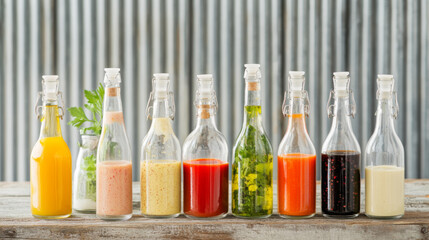 Variety glass bottles with homemade hot sauces and vinegar on rustic wooden surface