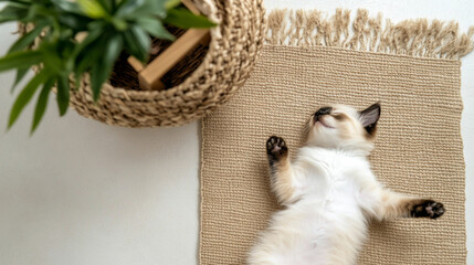 Kitten sleeping peacefully on textured mat with houseplants in cozy room