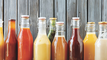 Variety of glass bottles filled with homemade fermented sauces, ideal for backgrounds