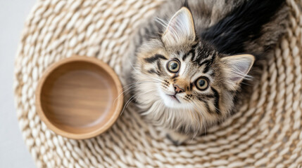 Cat looking at empty bowl on cozy bed, representing hunger concept