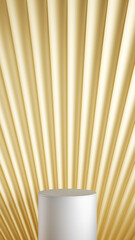 Line shape modern luxury golden glitter fan pattern with pedestal studio backdrop. Glamorous glossy, reflection product display stage. podium advertisement cosmetic. 3D rendering Illustration.