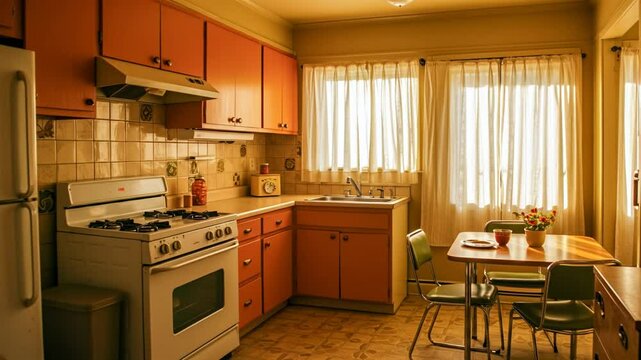 Vintage retro 1970s kitchen interior with orange cabinets, white stove and chrome dinette set, warm sunlight through sheer curtains, nostalgic home scene 