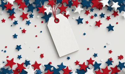 A blank white gift tag surrounded by red and blue glittery stars on a white background. 4th of July sale, Independence day in United States of America celebration