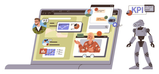 Laptop screen displaying team communication, analytics pages, and video call windows with AI robot nearby. Ideal for technology, teamwork, analytics, AI, remote work efficiency automation. Simple