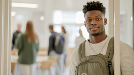 Young african american man entering classroom with students in background