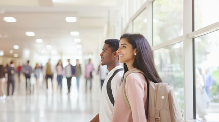 College students in urban setting, indian or latin american woman and african american man