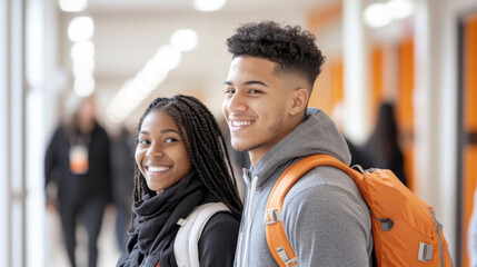 Students walking in college hallway, young latin american man and african woman