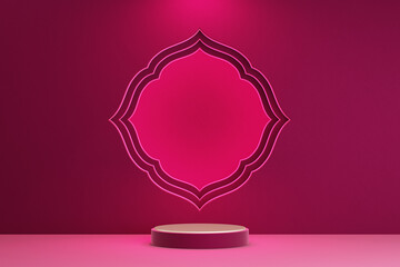 Wall blooming flower shape modern classic luxury boutique design and wall red velvet backdrop. Glamorous pedestal product display stage. podium advertisement cosmetic. 3D rendering Illustration.