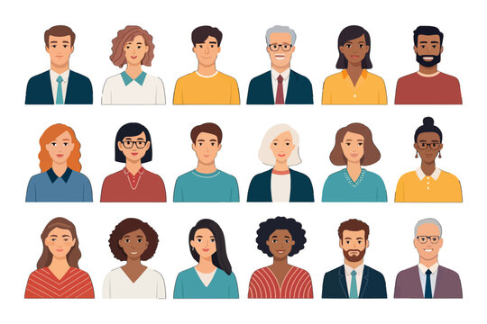 Diverse portraits: A collection of individual portraits. Each person exhibits unique features and embodies a distinct personality in a dynamic composition.