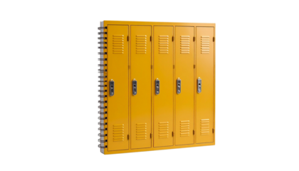 A notebook cover made to resemble a school locker door with latch and vents  isolated on solid white background.