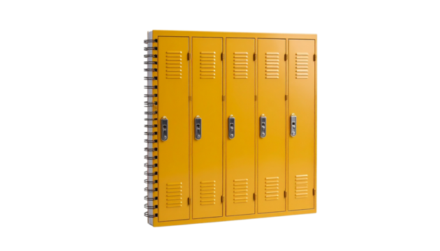 A notebook cover made to resemble a school locker door with latch and vents  isolated on solid white background.