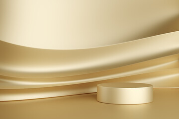 Flowing modern luxury curve or wave shape golden and pedestal studio backdrop. Glossy, reflection product display stage. podium advertisement product cosmetic skincare. 33D rendering Illustration.