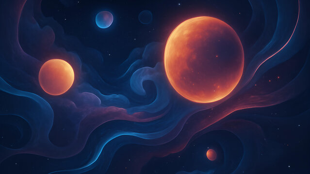This captivating space scene features glowing planets in shades of orange and blue, surrounded by swirling nebulae and cosmic clouds. The vibrant colors and ethereal atmosphere create a dreamlike, oth