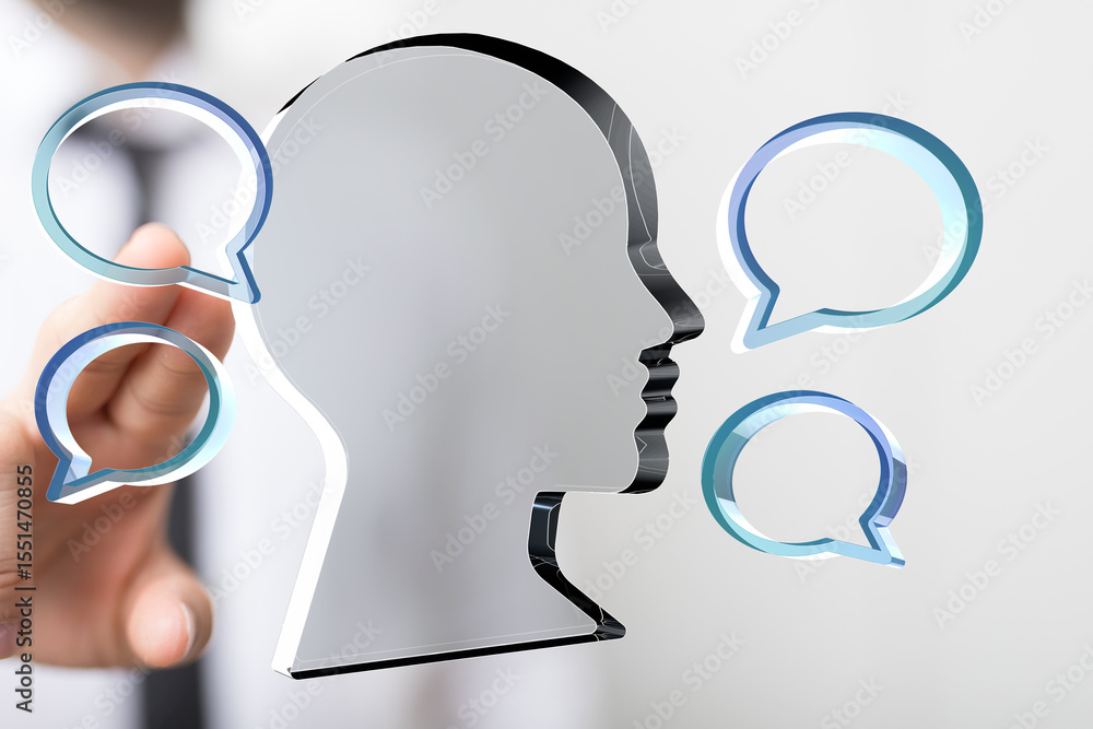 Poster abstract image of a head with speech bubbles, symbolizing communication, ideas, and thought processe