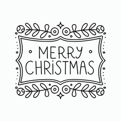 Merry Christmas Greeting Frame with Leaf Border Doodle Style Design Vector Illustration 