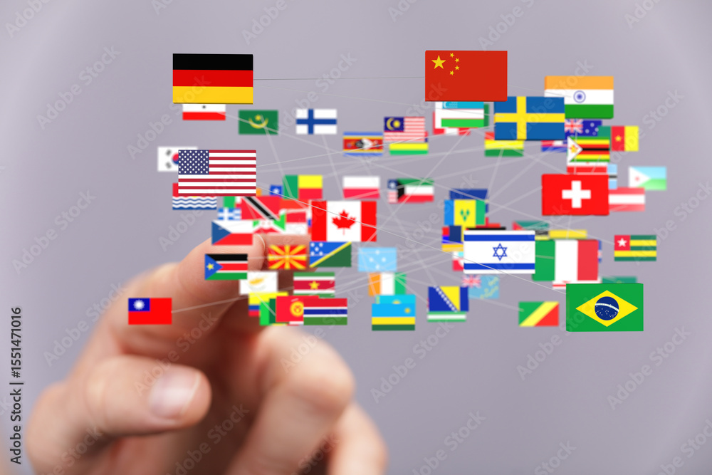 Poster Image of interconnected flags representing global collaboration and networking.