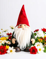 Garden gnome surrounded by vibrant flowers, white backdrop. AI