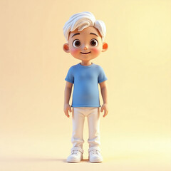 3D render of cute smiling boy with white hair, blue T-shirt, white pants and sneakers, summer vibes