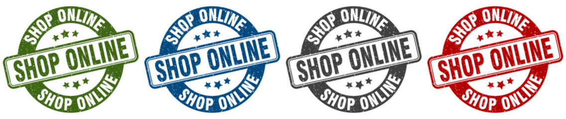shop online stamp. shop online round stamp set isolated on white background