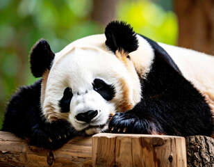 Giant panda bear sleeping in a zoo. AI
