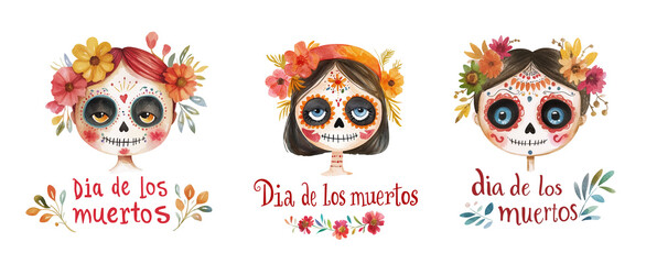 La Catrina and Dia de los muertos lettering. Children's watercolor illustration set of girls with Sugar skull makeup. Composition for banner, poster, postcard. Isolated clipart, transparent background