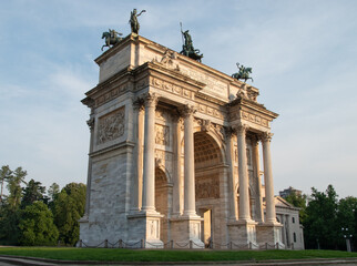 The Arco della Pace in Corso Sempione, a triumphal arch in Milan, Lombardy region, Italy.