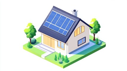 Isometric illustration of a house with solar panels on the roof, surrounded by green landscaping