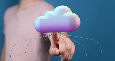 Hand pointing at a colorful cloud icon, symbolizing cloud computing and digital connectivity.
