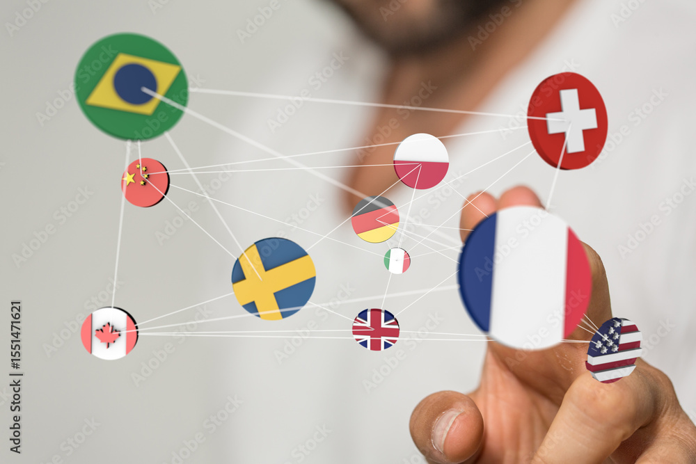 Poster Image of a hand interacting with a network of countries, representing global business and collaboration.