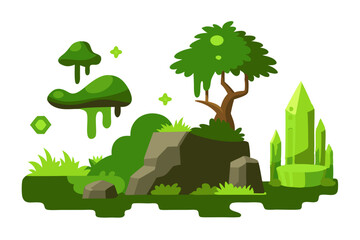 Enchanted fantasy landscape with glowing green crystals and dripping mushrooms