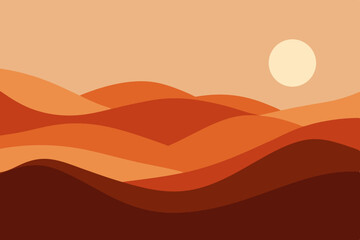 Stylized abstract landscape with rolling hills and a setting sun in warm colors