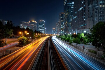 Obraz premium Night cityscape with light trails on roadways converge towards illuminated skyscrapers and railway