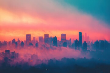 Stunning Sunset Over City Skyline with Fog and Vibrant Colors